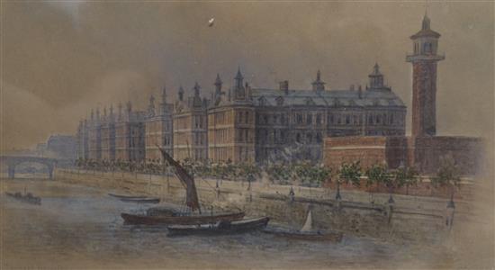 Watercolour of St Thomas Hospital, signed E.D. 1879 13 x 23cm